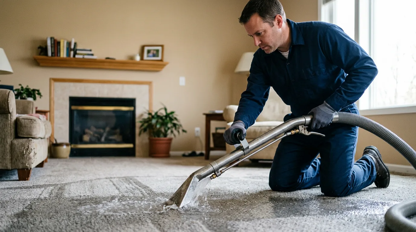 Water damage restoration technician working near Pekin, IL